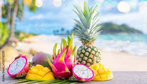 A vibrant display of tropical fruits like mangoes, pineapples, and dragon fruit