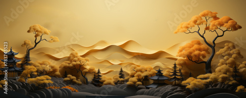 Golden Sunset Over Ancient Landscape with Pagodas and Rolling Hills suitable for Mid-Autumn Festival in China