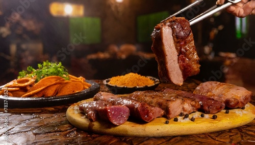A vibrant churrascaria scene with skewers of various meats, including piranhas and chicken  photo