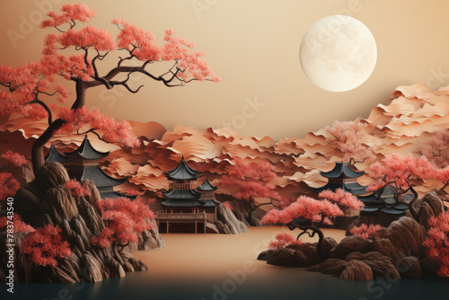 Enchanting Moonlit Landscape: Mid-Autumn Festival in China with Blossoming Trees and Traditional Architecture