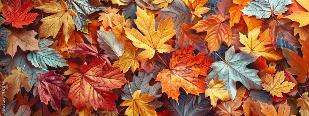 A background showcasing colorful autumn leaves with intricate patterns and textures, lying on a bed of fallen leaves. A background showcasing colorful autumn leaves with intricate patterns and textures, lying on a bed of fallen leaves.