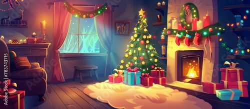 Festive Christmas tree adorned with decorations  surrounded by presents  in a warm living room with a crackling fireplace