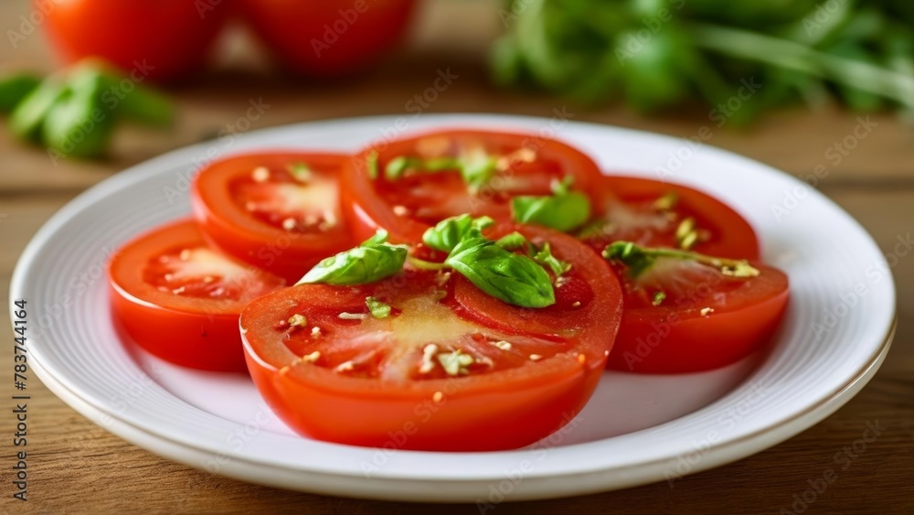 Freshly sliced tomatoes with basil ready to be savored Freshly sliced tomatoes with basil ready to be savored