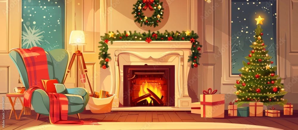 Living room adorned for Christmas with a fireplace and presents stacked under a decorated tree, exuding festive charm and warmth