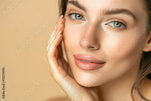 Close-Up Beauty Portrait of a Young Woman with Flawless Skin and Natural Makeup