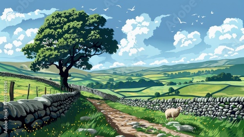 Yorkshire Dales panoramic landscape with a tree AI generated