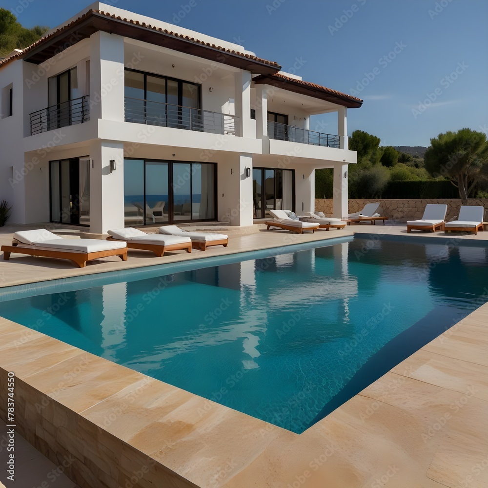 luxurious villa by the sea, beautiful view of the sea, pool area, generative ai