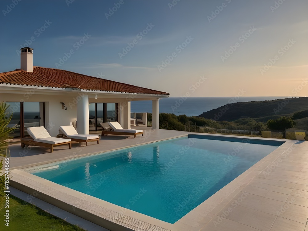 Fototapeta premium luxurious villa by the sea, beautiful view of the sea, pool area, generative ai
