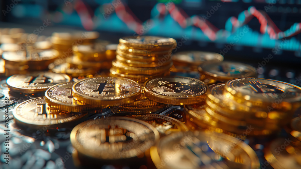 closeup shot of BTC coins in a table and a LED monitor. closeup shot of BTC coins in a table and a LED monitor.