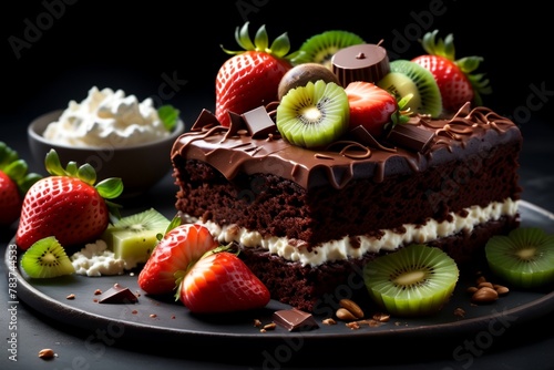 chocolate cake with strawberries, cottage cheese, fruits