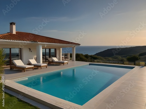 luxurious villa by the sea  beautiful view of the sea  pool area  generative ai