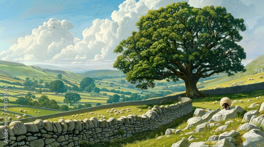 Yorkshire Dales panoramic landscape with a tree AI generated