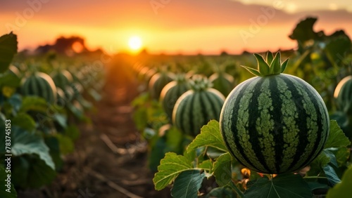  Sunset over a watermelon field symbolizing the end of a fruitful day photo