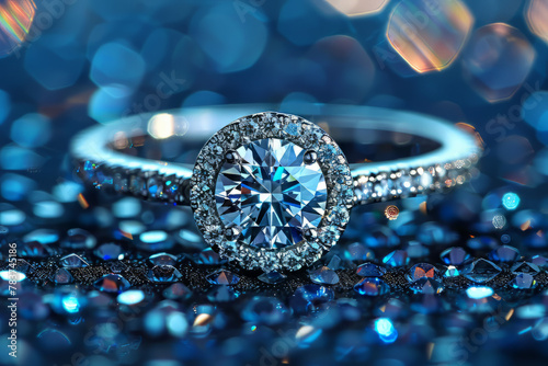 Diamond ring design on blue background.