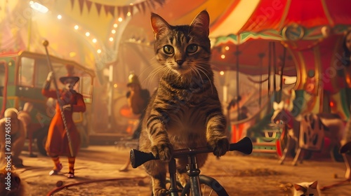 Feline Acrobat Unicycling at Vibrant Circus Performance with Surrounding Entertainers photo