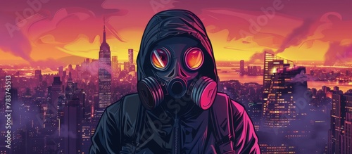 Man in EPI virus suit and gas mask in city background
