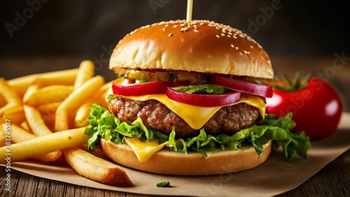  Deliciously stacked burger with fries and a fresh tomato ready to be savored