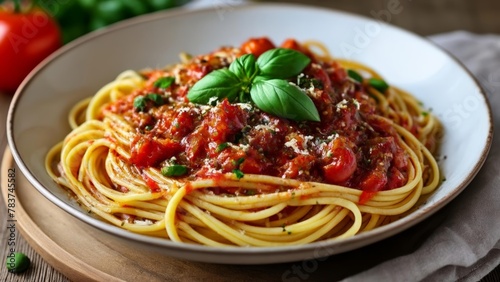  Delicious pasta dish with vibrant red sauce and fresh basil
