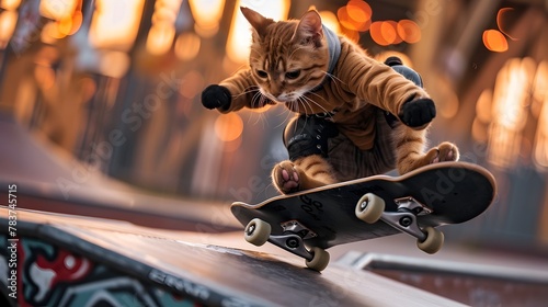 Feline Freerider Adventurous Cat Skateboarding in Urban Skatepark with Dynamic Composition and Cinematic Lighting
