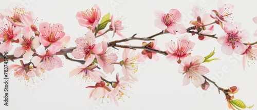 tree branch full of blooming pink peach sakura cherry blossom flowers on white background created with Generative AI Technology