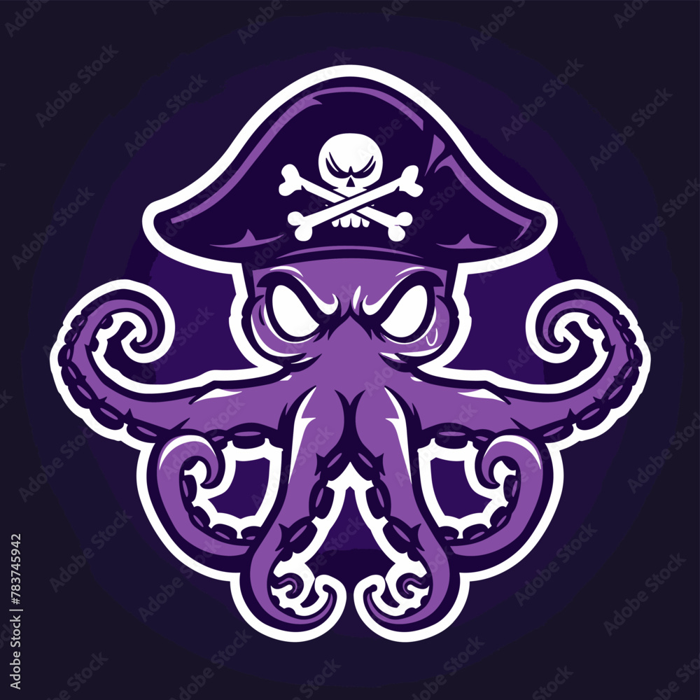 Fototapeta premium Purple octopus with pirate hat vector esport logo on dark background, cybersport logotype pirate octopus