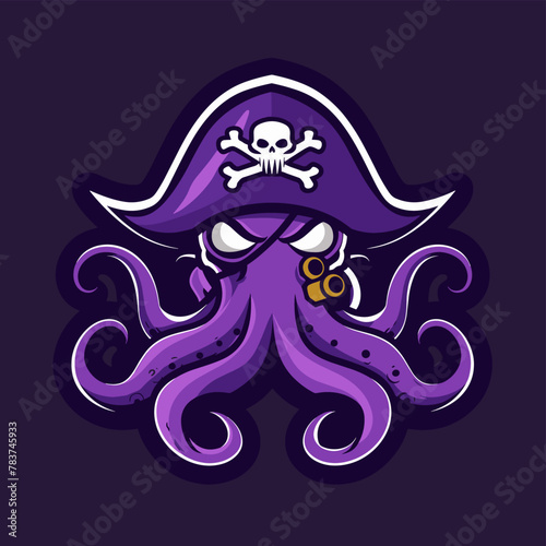 Purple octopus with pirate hat vector esport logo on dark background, cybersport logotype pirate octopus