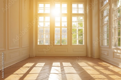 Sunlight streams into the empty room through the windows of the building