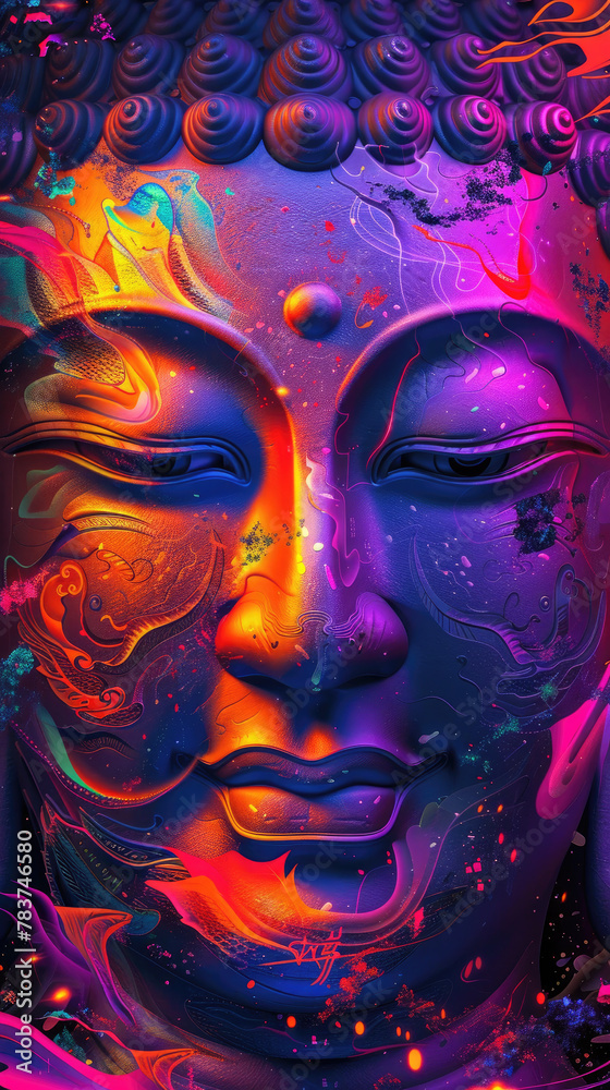 Against a minimal color field the melting face of Buddha an ancient god emerges in vivid neon colors bridging epoch