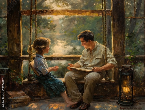 A man and a little girl are sitting on a swing, with the man reading a book to the girl. The scene is peaceful and calming, with the light from the lamp creating a warm and cozy atmosphere