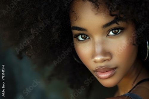 Radiant Beautiful african girl with curly head. Afro positive woman with fashion makeup. Generate Ai