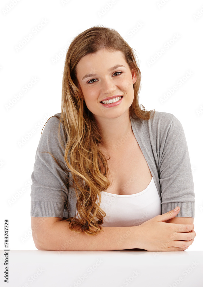 Young woman, portrait and happy in studio for glow, cosmetics and pride on white background. Gen z, female person and ginger model for makeup, lipstick and hair transformation with confidence. Young woman, portrait and happy in studio for glow, cosmetics and pride on white background. Gen z, female person and ginger model for makeup, lipstick and hair transformation with confidence.
