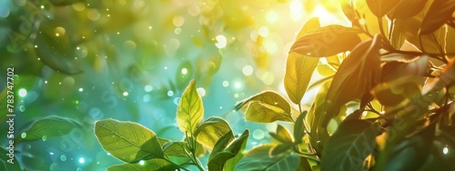 A colorful background depicting the process of photosynthesis, with sunlight interacting with plant leaves and generating energy.