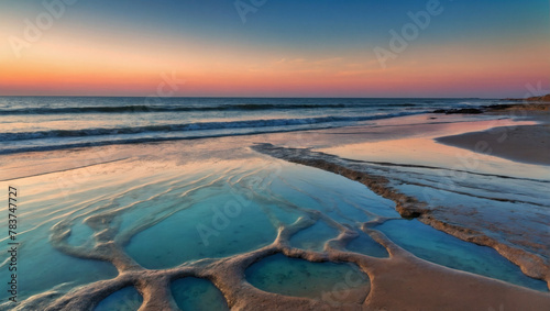 A coastal abstract light effect texture with shades of coral pink, aqua blue, and sandy beige, capturing the tranquil beauty of a sun-kissed coastline at dawn.