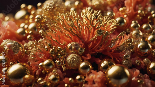 A coral background adorned with shimmering bubbles of gold-infused oil, evoking the opulence of a sun-kissed treasure trove.