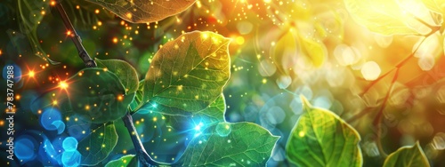 A colorful background depicting the process of photosynthesis, with sunlight interacting with plant leaves and generating energy.