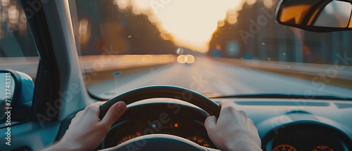 The front view from the car window leads to a beautiful forest road with the interior visible from the driver's face and hands created with Generative AI Technology photo