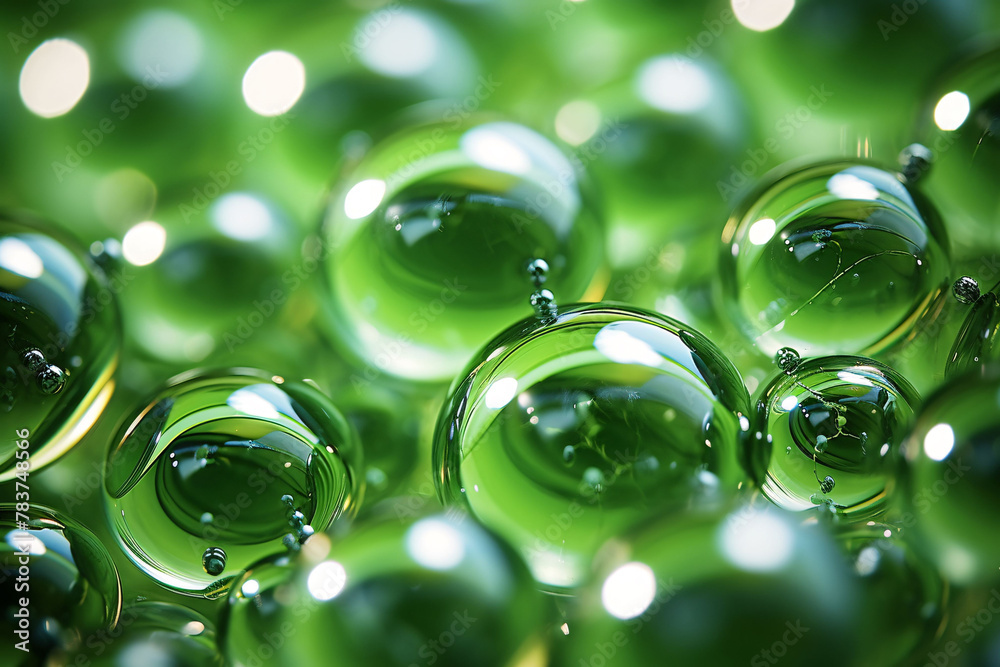 Smooth water surface and bubbles on green background, cosmetic ...