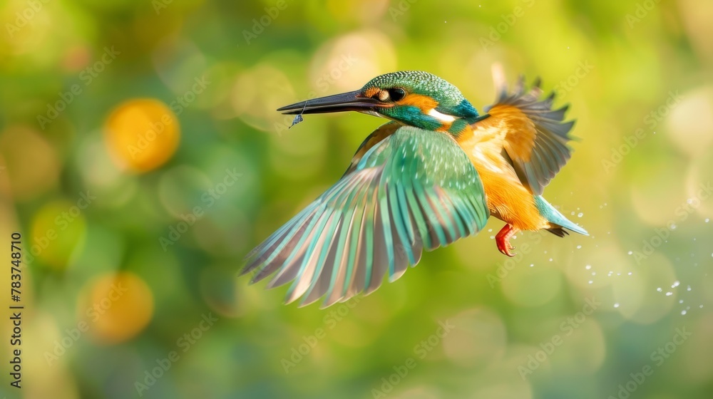 A song bird flying over a field of flowers A song bird flying over a field of flowers
