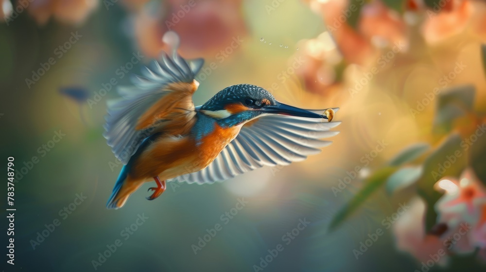 A song bird flying over a field of flowers A song bird flying over a field of flowers