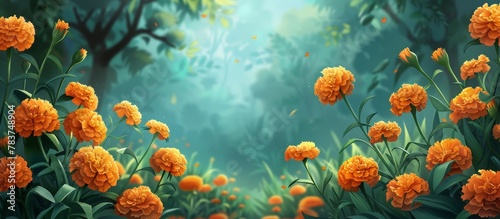 An artistic portrayal of vibrant orange flowers blooming amidst the lush greenery of a forest © AkuAku