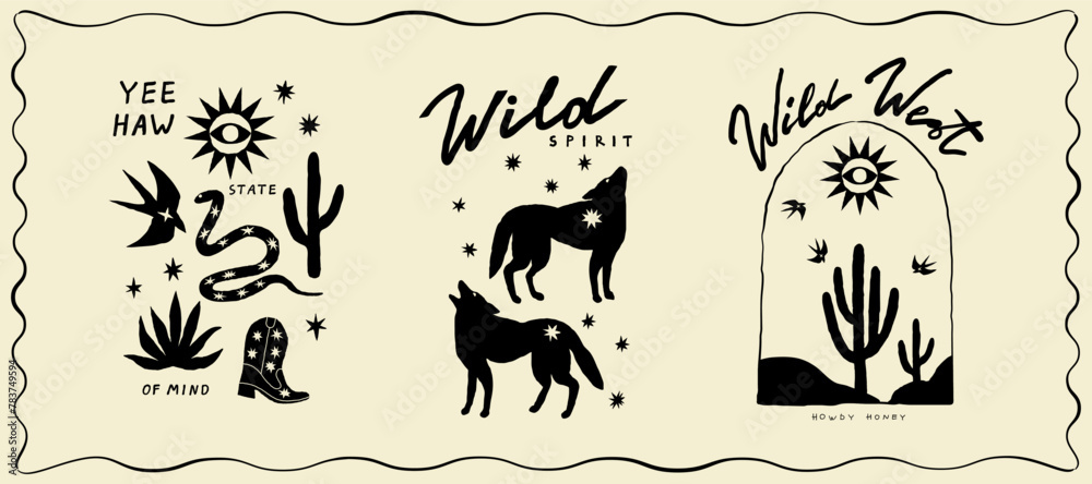 Obraz premium Set of cowboys design print elements. Coyotes, cactus and snake