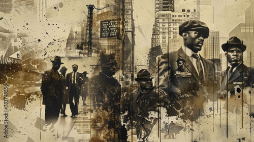 poster with a vintage look, incorporating black and white photos of historic labor movements photo