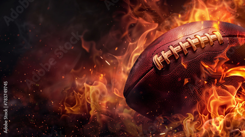 American football ball on fire isolated on black background with copy space, mockup design template for American sport event or wallpaper concept. Fire. Flight of American football ball through dark