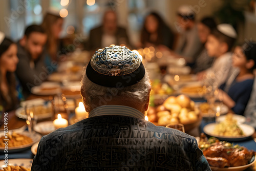Family Passover dinner seder. Jewish man with kippah sitting at festive table with traditional food. Jewish family celebrate Hanukkah, Shavuot. Bat and Bar Mitzvah photo