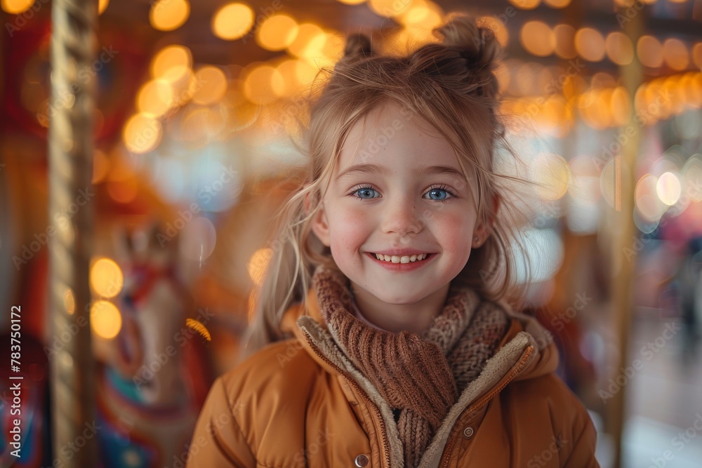 A cheerful little girl in a winter coat enjoying a merry-go-round ride at a fair