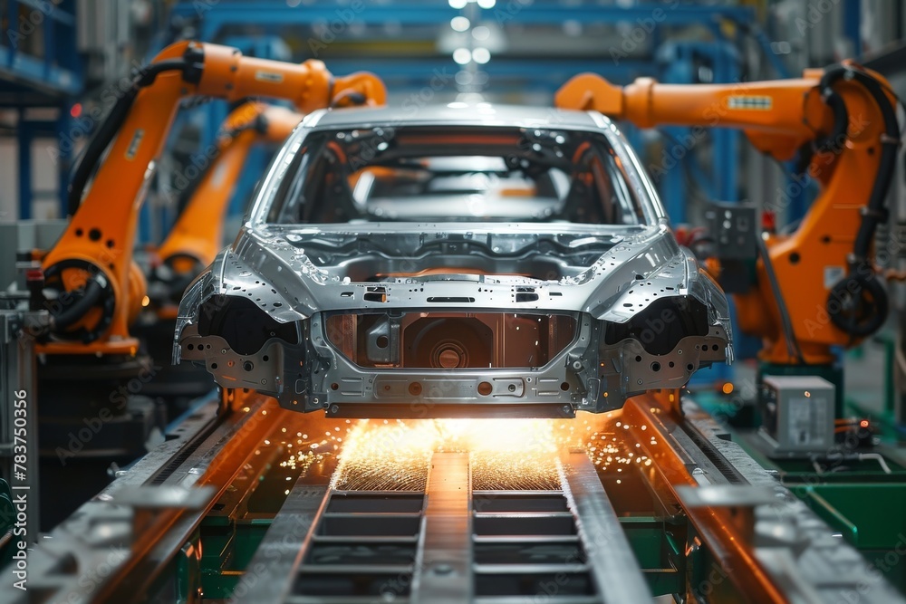Industrial robotic arms assembling the frame of a car on a highly advanced production line Industrial robotic arms assembling the frame of a car on a highly advanced production line
