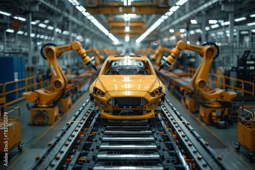 A shiny yellow car on the conveyor in the middle of an automated precision manufacturing process