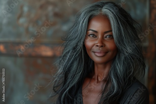 Confident mature woman with a serene look and silver hair, exemplifying elegance and grace