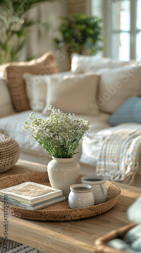 Close-up of a decorative tray on a coffee table in a living room  scandinavian style interior
