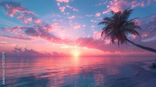 Sunset at tropical beach with palm tree silhouette